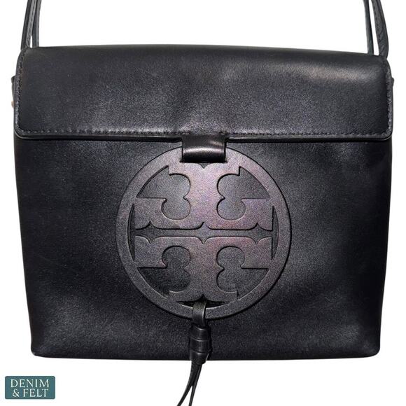 Tory Burch Miller Logo Black Leather Magnetic Flap Crossbody Bag 50769 8”x8” - Picture 11 of 16